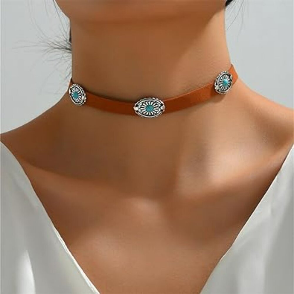 Boho‎ Turquoise Choker Necklace Leather Choker Jewelry Suede Fashion Statement